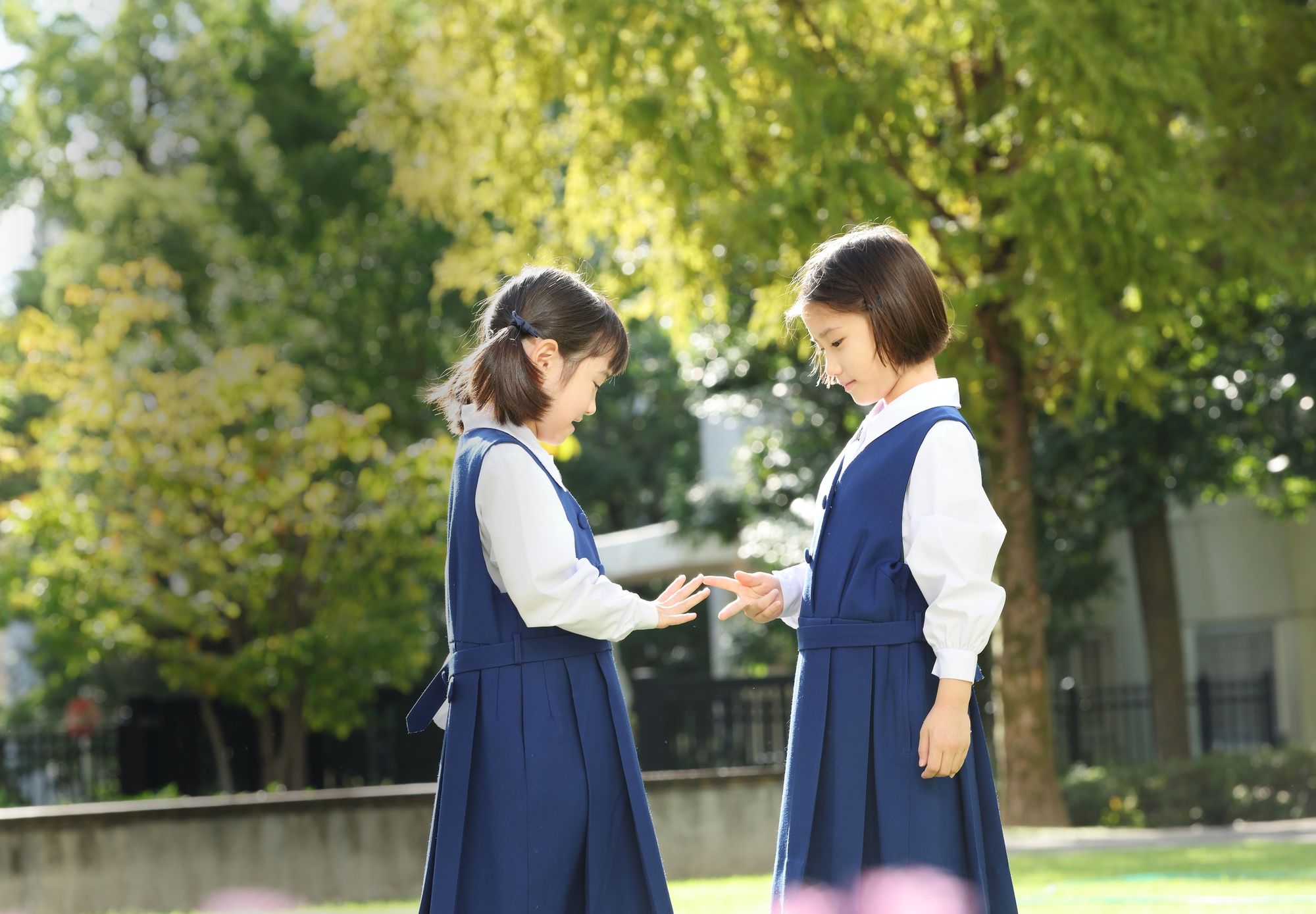 制服を着た2人の児童が、校庭の木の下で向かい合い、手を合わせている写真